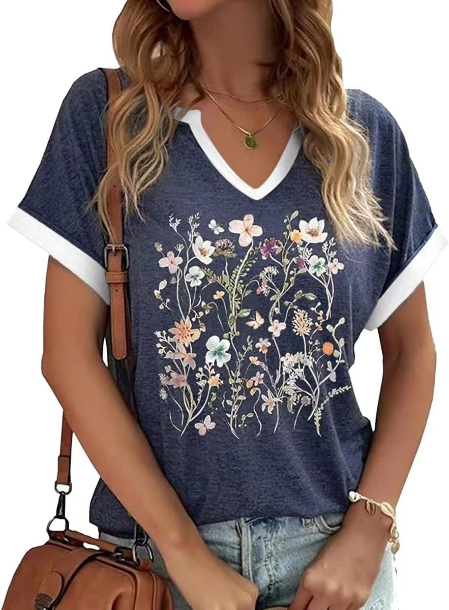 Women's Vintage Flowers Shirt Casual Boho Floral Printed T-Shirt Sunflower Wildflowers Graphic Tees Tops for Girl
