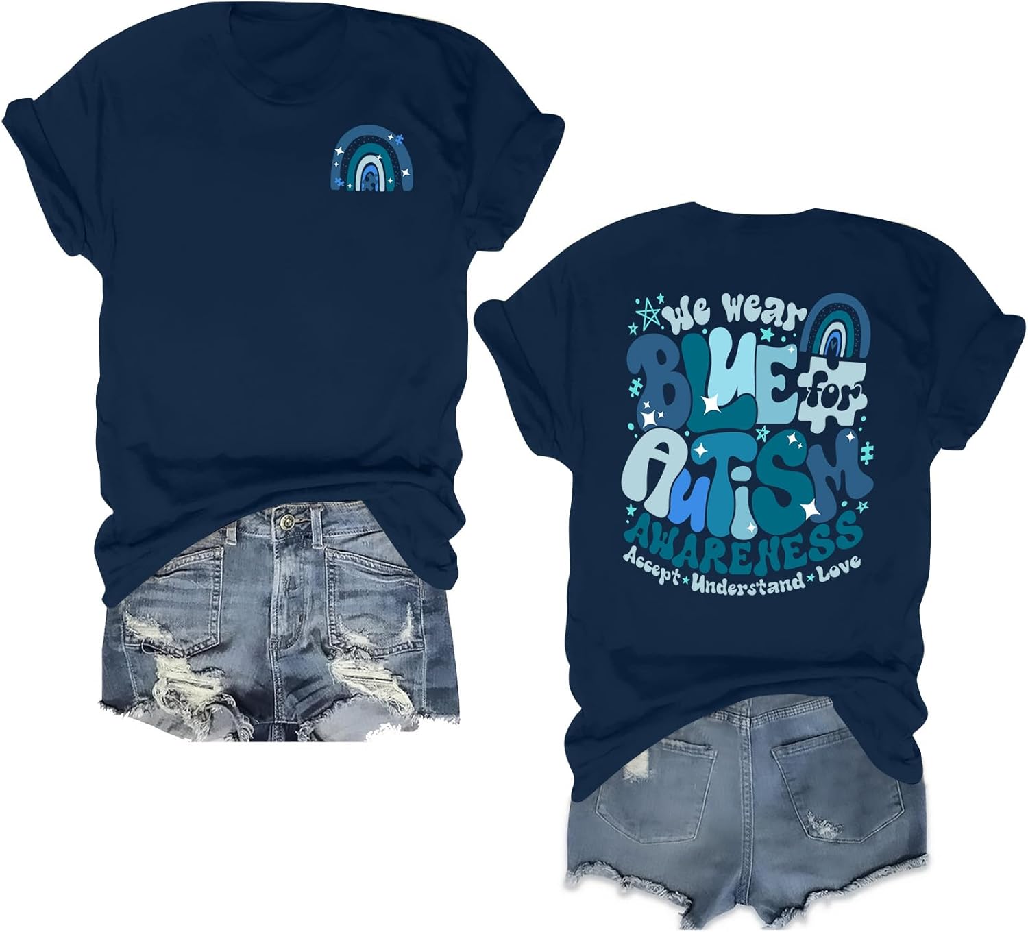 LAZYCHILD Autism Awareness Shirt for Women: Blue Autism Awareness Shirts We Wear Blue T-Shirt Puzzle Piece Tee Tops