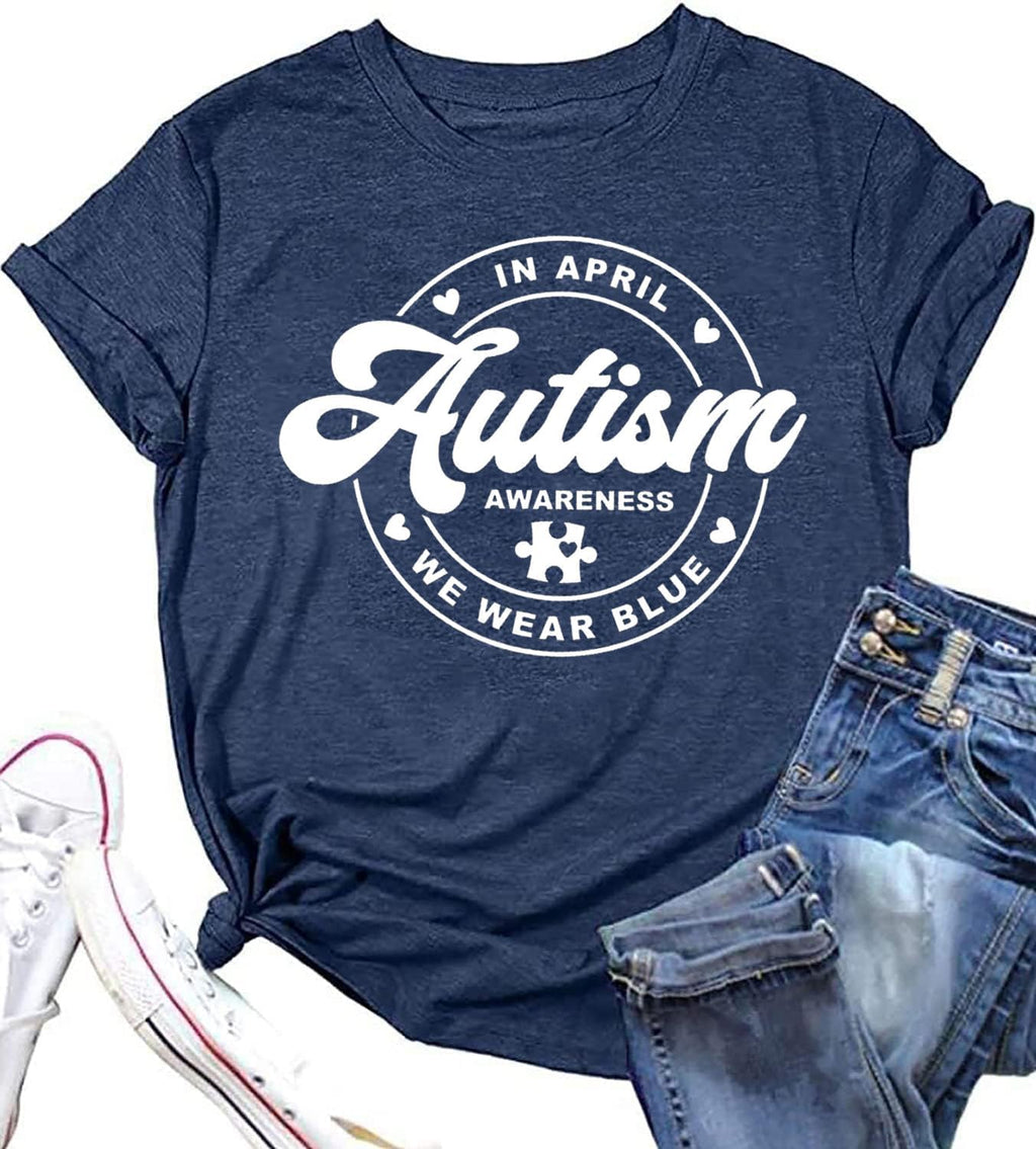 Autism Awareness Shirt for Women: in April We Wear Blue Shirts Mental Health Tee Inspirational Short Sleeve Tee Tops