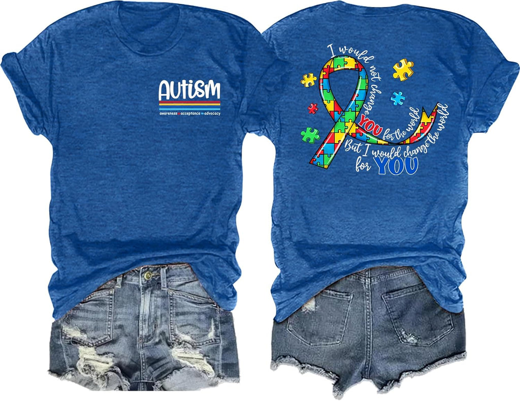 Ithalt Autism Awareness Shirt for Women I Wear Blue Tshirt Autistic Mom T-Shirt Puzzle Piece Short Sleeve Tops
